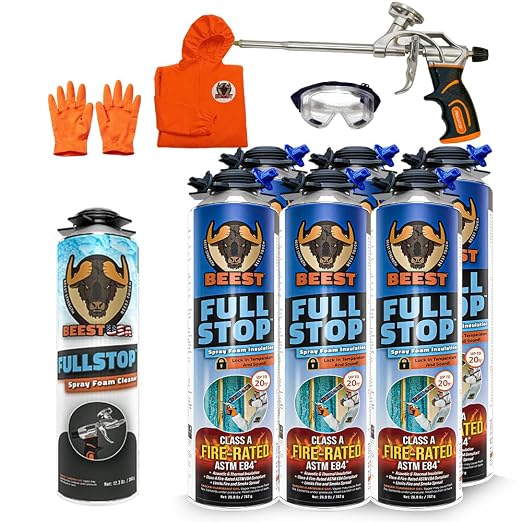 BEEST FullStop Spray Foam Insulation Kit - 120 Board ft/sq.ft. Fire Rated Spray Insulation Foam for Walls & Attics with Thermal & Soundproofing - Includes 6X Cans, 1 Cleaner, Pro X Gun, Safety Gear