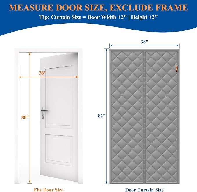 Magnetic Thermal Insulated Door Cover Curtain, Fits 36" x 80" Door, Gray | Curtain Size 38'' x 82'', Weatherproof Oxford Filled with Thicken Cotton, Powerful Magnets Automatic Closure after Walking