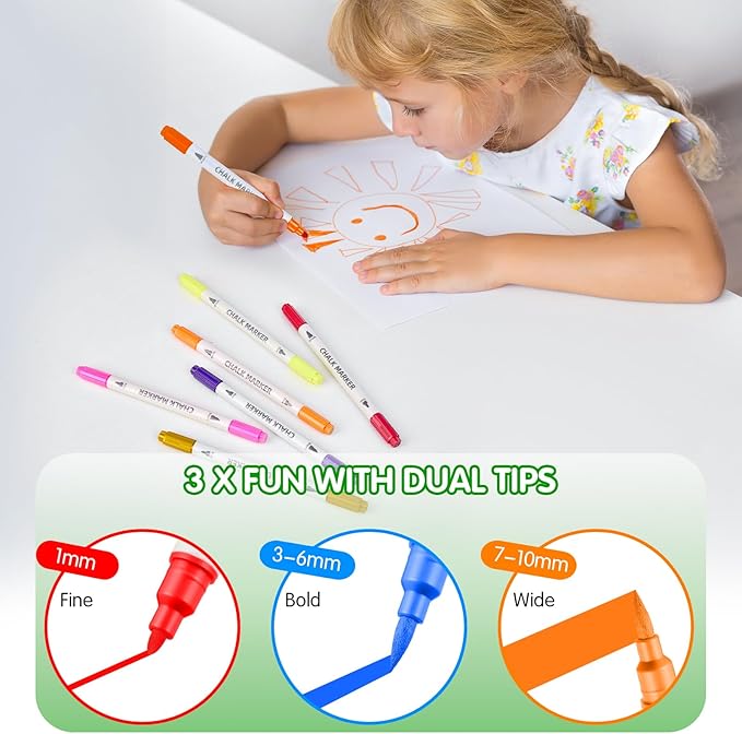 Liquid Chalk Markers 12 Colors - Brush + Fine Tips - Chalk Markers for Blackboard LED Note Board Acrylic Fridge Calendar Board Dry Erase Board - Window Markers for Glass Washable