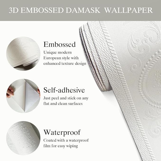 White 3D Embossed Textured Peel Stick Wallpaper 17.3"x120" | Removable Renter Friendly Contact Paper, Waterproof Self Adhesive Wallpaper for Bedroom, Bathroom, Decor,14.4 sq.