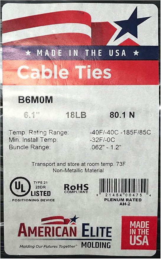Standard Black 6" Inch Cable Zip Ties 18 Pounds Tensile Strength UV Resistant Wire Wrap - 100 Pack - Made in USA