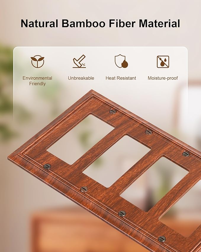 2-Pack Quad Decorator Outlet Cover Plate, Wood Grain Decorative Switch Plates and Outlet Covers, Natural Bamboo Fiber 4 Gang Wall Plates for Electrical Outlets, Receptacle, GFCI Outlet, Dimmer Switch