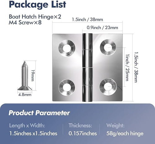 1.5" x 1.5" Boat Hinges,316 Stainless Steel Marine Grade Heavy Duty Casting Boat Hatch Cabinet Door Hinge 2 Pcs with Screws