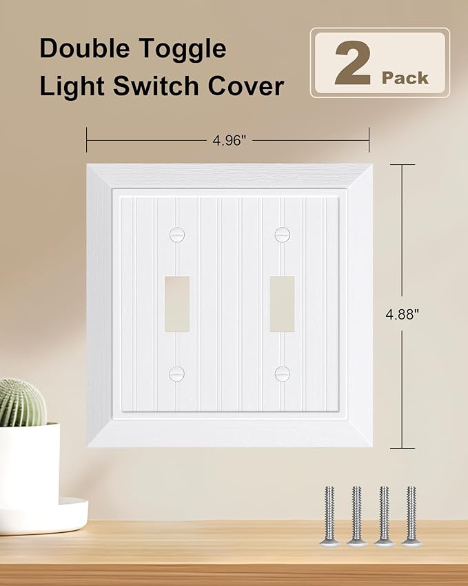 2-Pack Classic Beadboard Double Toggle Light Switch Cover Plate, Unbreakable Polycarbonate Decorative Switch Plate Covers, Pure White 2 Gang Wall Plate