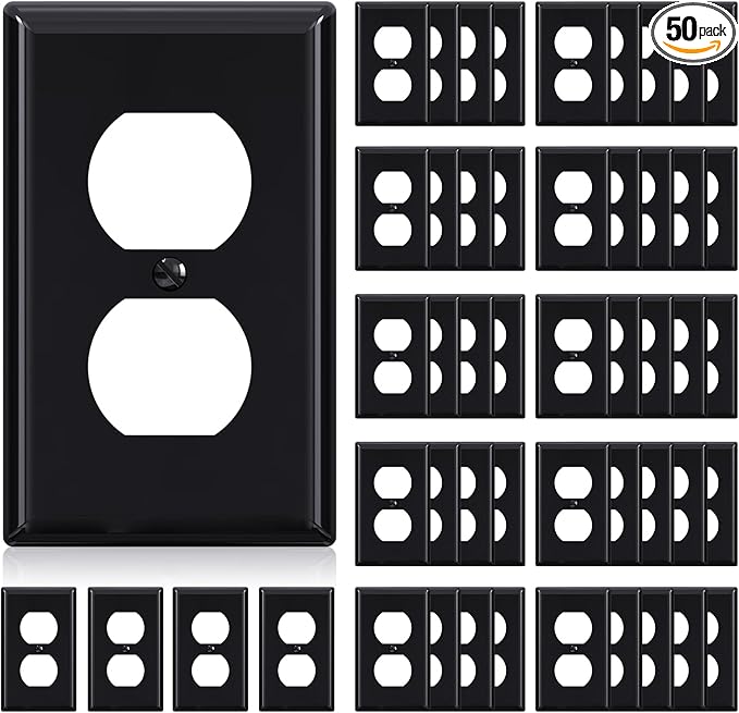 ELEGRP Duplex Receptacle Outlet Covers, 1-Gang Standard Size Wall Plates, Unbreakable Polycarbonate Dual Outlet Faceplates Covers, UL Listed, Color-matched Screws Included (50 Pack, Glossy Black)