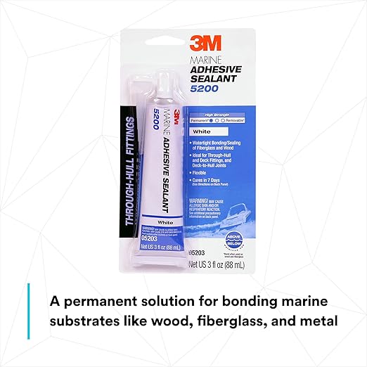 3M Marine Adhesive Sealant 5200 (05203) Permanent Bonding and Sealing for Boats and RVs Above and Below the Waterline Waterproof Repair, White, 3 fl oz Tube
