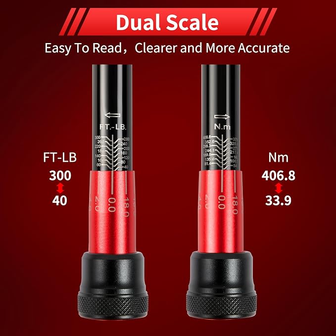 Hairich Torque Wrenches, 1/2 Torque Wrench, 40-300ft.lb/33.9-406.8Nm | ±3% High Precision, Dual-direction, 72-tooth Drive Click 1/2 Drive Torque Wrench 300 ft lbs with Dual Range Scales