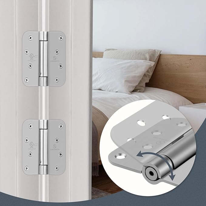 Self Closing Door Hinges 4 inch Satin Nickel Auto Close Hinge Adjustable 4" x 4" Spring Hinges 5/8" Radius Corner Commercial Door Closer Hinge UL Listed, 6 Pieces