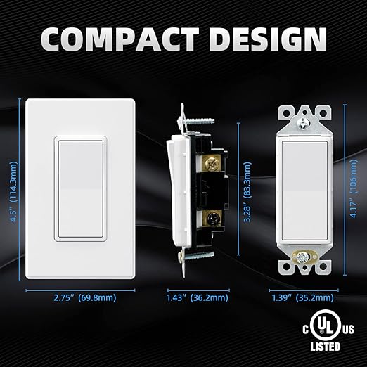 ELEGRP Matte White 3 Way Decorative Light Switch with Plate, 15 Amp, 120-277 Volt, AC Rocker Paddle Wall Switch Replacement, Self-Grounding, Residential Grade, w/Wall Plate, UL Listed (10 Pack)