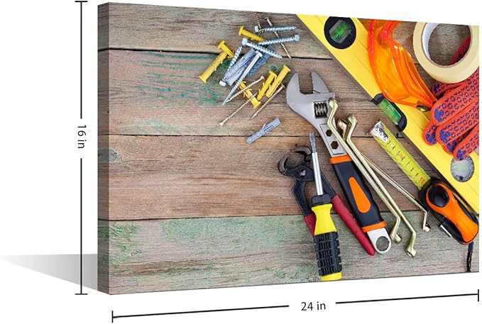 TUMOVO 1 Panels Wall Art for Office Orange Tool Theme Set of Various Construction Tools on a Wooden Background Top View Poster Canvas Print Artwork Home Study Repair Shop Wall Decor ((16" Wx24 H)