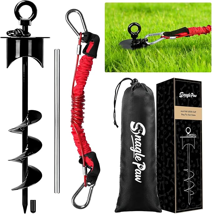 Snagle Paw Dog Tie Out Stake with Lock-Cap,Heavy Duty Dog Stakes for Outside/Yard/Camping with Shock Absorbing Bungee Tether,360°Swivel Rust Proof Ground Anchor for Dog Cable,Leash,Chain,up to 360 Lbs