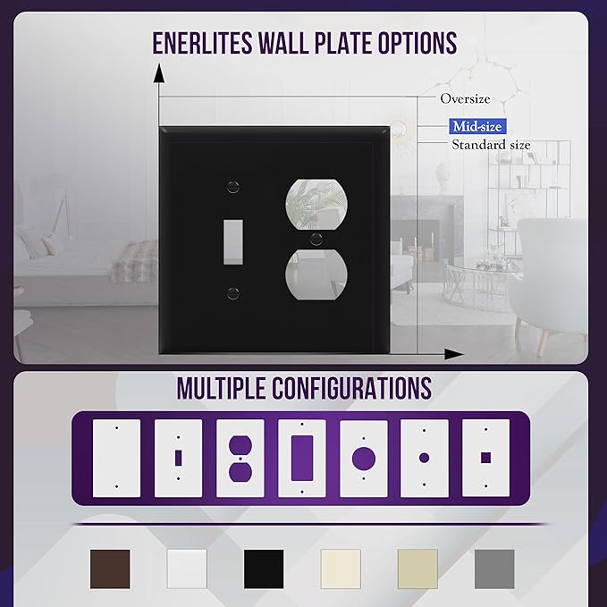 ENERLITES Combination Toggle Light Switch/Duplex Receptacle Outlet Wall Plate, Mid-Size 2-Gang 4.88" x 4.92", Polycarbonate Thermoplastic, 881121M-BK, Black (2 Pack)