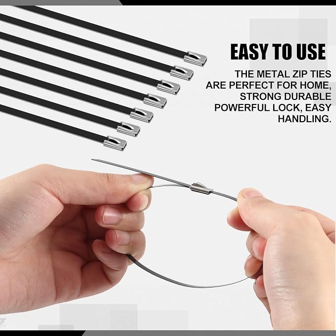 Pelopy 300 Pcs 11. 8 Inch Metal Zip Ties Black 304 Stainless Steel Zip Ties Epoxy Coated Tie Heavy Duty Cable Self Locking Cable Multi Purpose for Machinery Vehicles Exhaust Wrap Outdoor Fence Farms