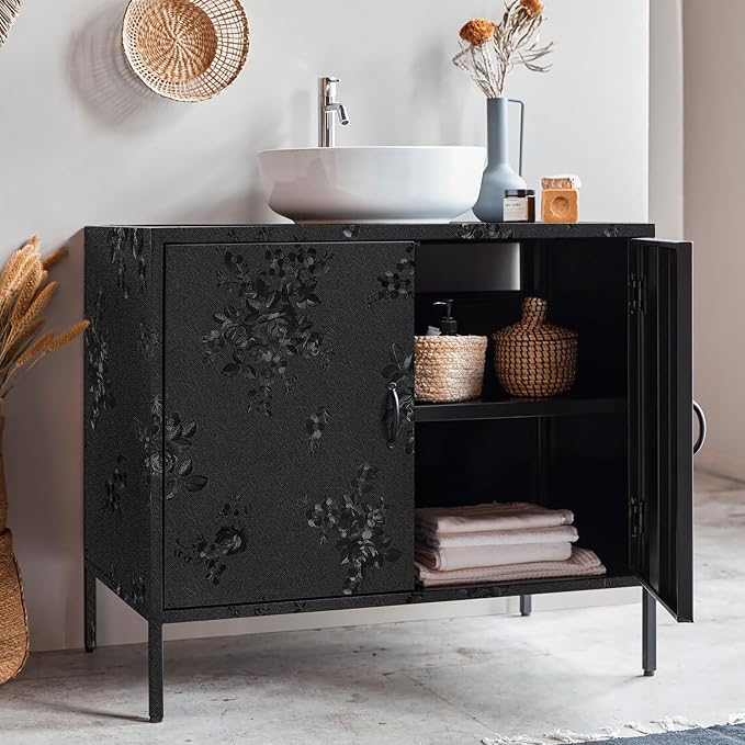 Black Peel and Stick Wallpaper Silk Embossed Floral 197in17.7in | Textured Thicken Self Adhesive,Waterproof Countertop Contact Paper for Cabinets Kitchen,Bedroom Bathroom Decor, Easy Removal