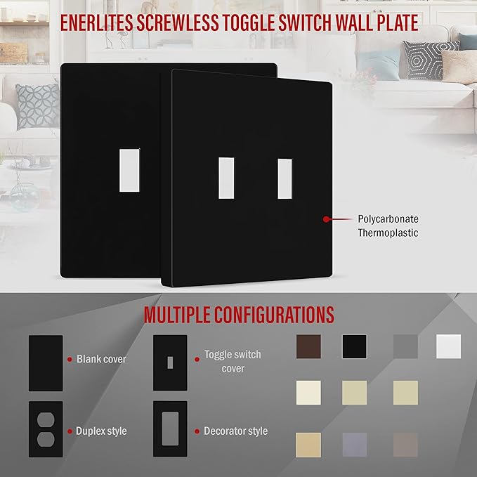 ENERLITES Screwless Double Toggle Switch Wall Plate, Child Safe Dual Light Switch Cover, Standard Size 2-Gang 4.68" x 4.73", Unbreakable Polycarbonate Thermoplastic, UL Listed, SI8812-BK, Glossy Black