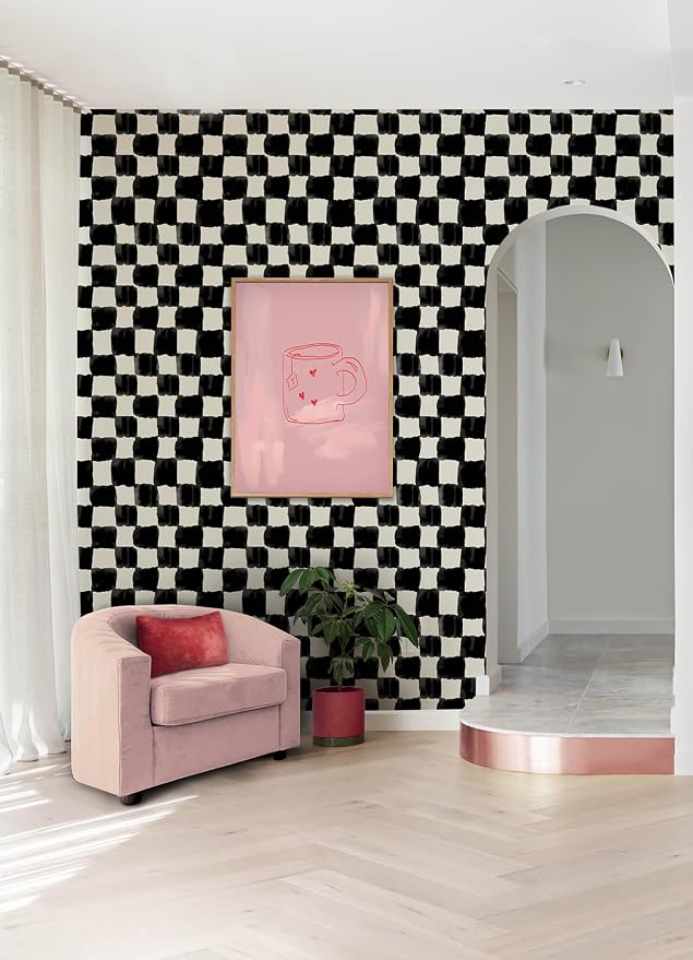 Mr. Kate RoomMates Tess Watercolor Soft Black Checker Peel and Stick Wallpaper, Vinyl, 20.5-in x 18-ft