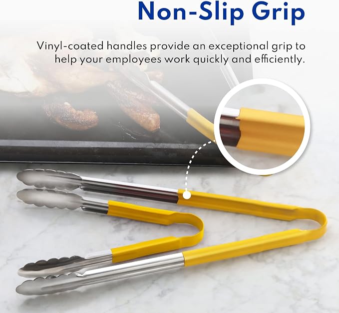 New Star Foodservice 35841 9-Inch Utility Spring Tongs, Stainless Steel, Vinyl Coated, Set of 12, Black