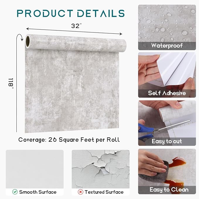 VEELIKE Neutral Concrete Wallpaper Peel and Stick Boho Concrete Contact Paper for Walls Countertop Waterproof 118''x32'' Wide Removable Adhesive Cement Vinyl Wallpaper for Bedroom Bathroom Living Room
