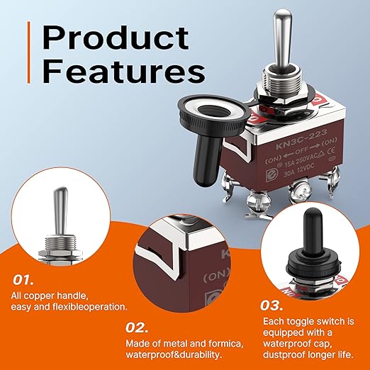Joinfworld Momentary Toggle Switch 12V DC 3 Way 30 Amp DPDT 6 Pin (ON)-Off-(ON) Waterproof Marine Toggle Switch 12 Volt Heavy Duty with Boot Cover Cap for Automotive Boat Auto Air Train - 4Pack