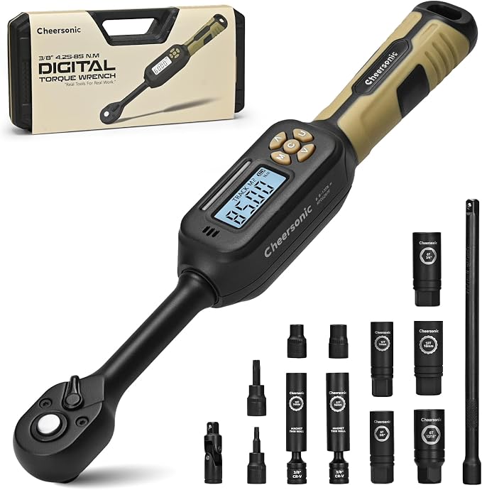 Digital Torque Wrench 3/8 Drive, 3.1-62.7ft-lb ±1% Accuracy Inch Pound Torque Wrench with Buzzer and LED Torque Wrench Set with Bits & Spark Plug Socket for Motorcycle, Car Repair Desert Tan