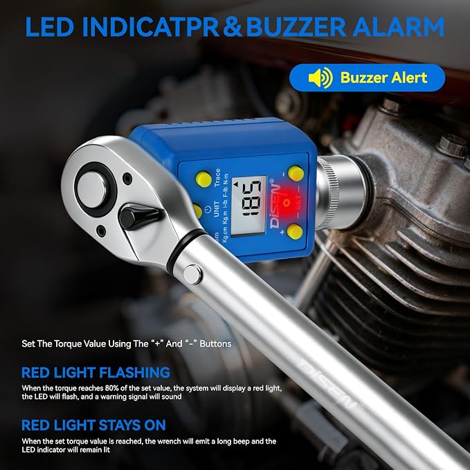 DISEN 1/2" Digital Torque Adapter Set (10-200 N.m / 7.4-147.5 ft-lb), ±2% Accuracy, Mem & Trace Modes, Buzzer & LED Alert,Works with Ratchet & Breaker Bar, for Automotive Motorcycle