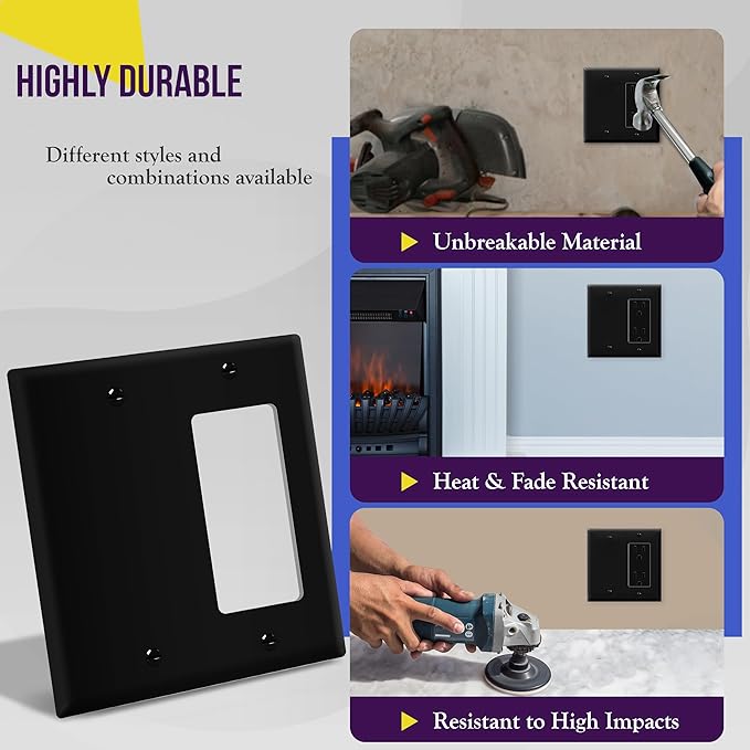 ENERLITES Combination Decorator Rocker/Blank Outlet Wall Plate, Standard Size, 2-Gang 4.50 inch x 4.57 inch Light Switch Cover, Polycarbonate Thermoplastic, UL Listed, 880131-BK, Black