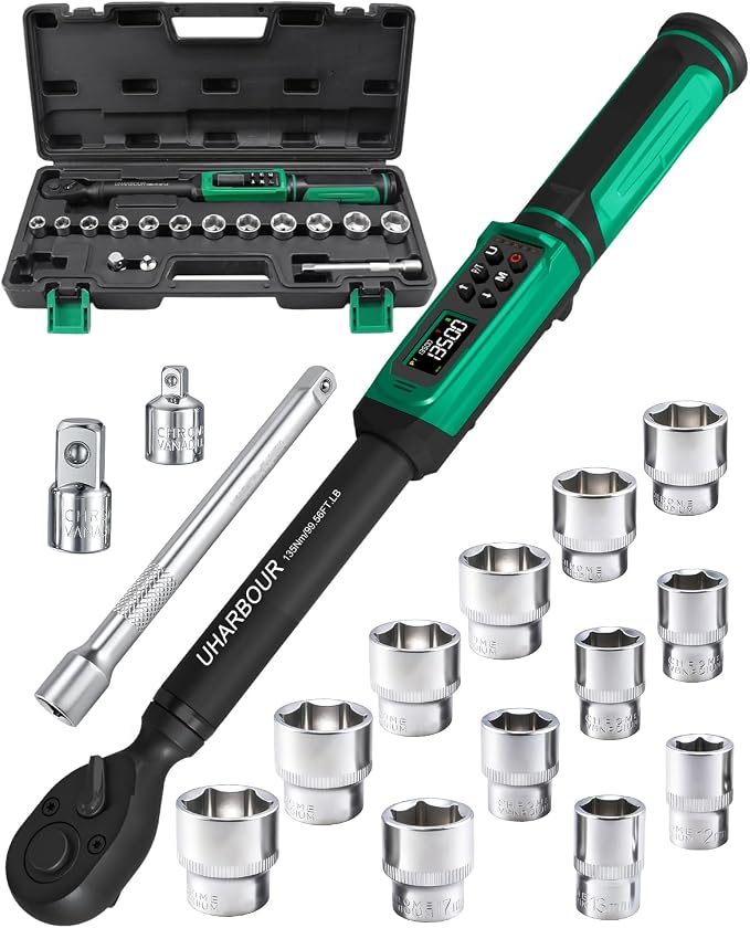 Uharbour 3/8" Digital Torque Wrench 1.5-99.5ft-lbs/6.8-135Nm | ±1% Accuracy Electric Wrench, Dual Direction Ratchet, Vibration & LED Alert