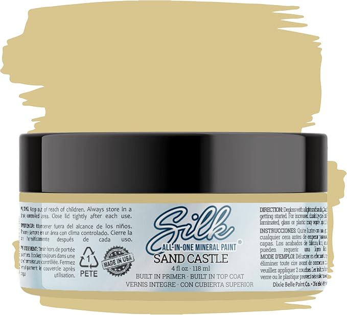 Dixie Belle Silk All-in-One Mineral Paint - Sand Castle (4oz) - Warm Tan Water Based Built-In Primer + Topcoat for Wood + Metal - Durable Furniture Paint - Low Reflective Finish