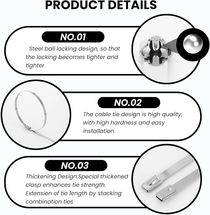 11.8 Inch 100 Pcs 304 Stainless Steel Metal Zip Ties | Heavy Duty Outdoor Cable Ties with Self-Locking Design for Machinery, Vehicles, Farms, Pipes, Roofs, Cables