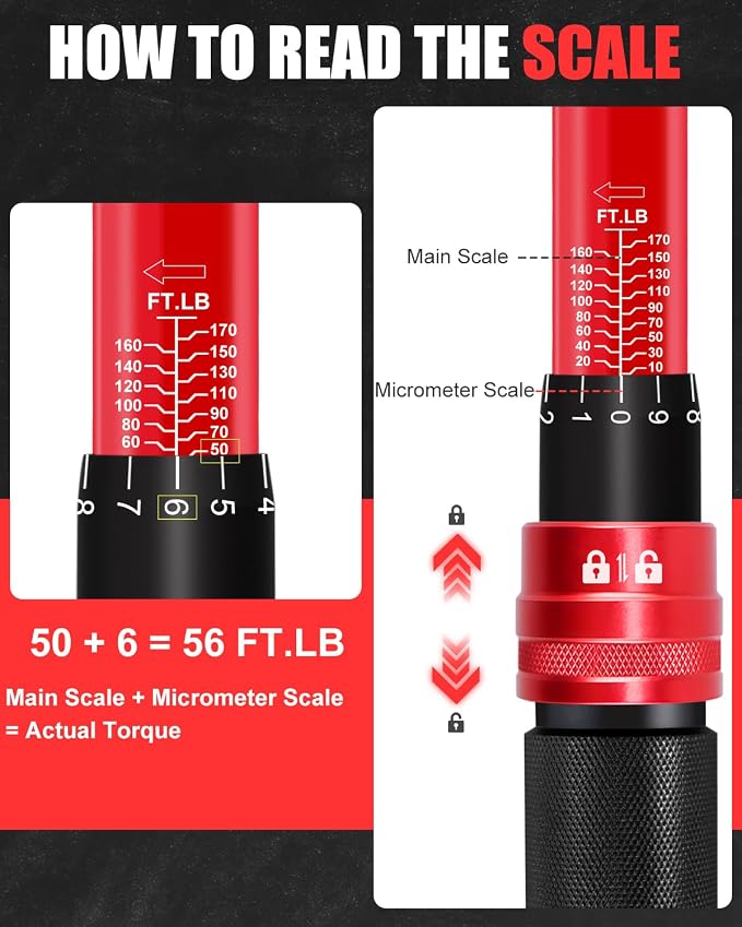 1/2" Drive Click Torque Wrench Set 10-170 Ft-lb, +/-3% Accuracy | ISO 6789 Certified Lug Nut Torque Wrench with 17/19/21mm Impact Sockets, Extension Bar & Adapter for Car SUV Truck Wheels