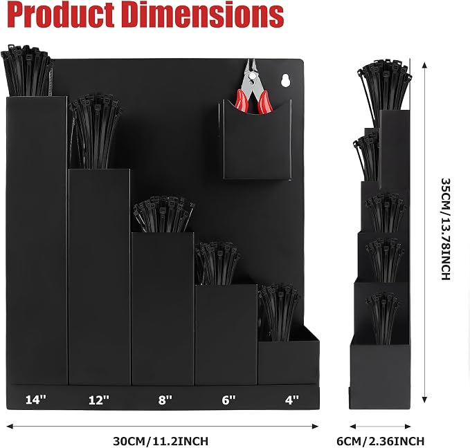 Cable Zip Tie Organizer, Wall Mount Zip Tie Holder, Including 250Pcs Black Zip Ties Assorted Sizes (4”+6”+8”+12”+14”) and 1 Zip Tie Cutter