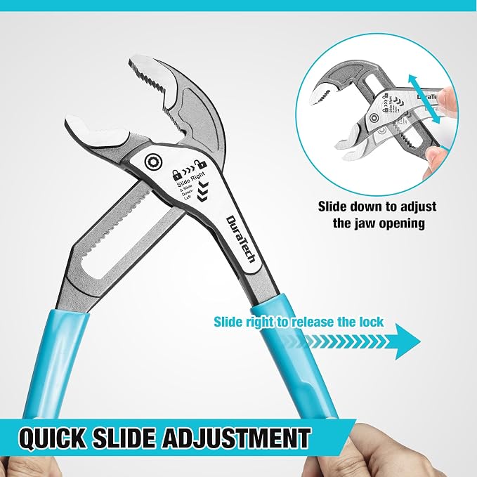 DURATECH 3-Piece Water Pump Pliers Set(8", 10", 12"), Groove Joint Pliers | Quick-Adjust, Slide-to-Unlock Mechanism, V-Jaw Design, Cr-V Steel, For Plumbing, Automotive, and Household Repairs
