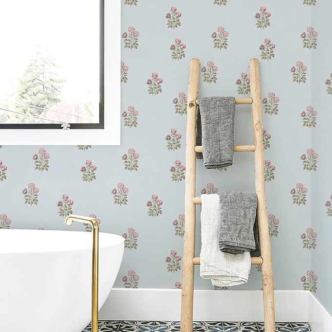 17.3"× 590.5" Vintage Blue Floral Wallpaper Peel and Stick Boho Wallpaper Removable Waterproof Rose Pattern Contact Paper for Bedroom, Bathroom, Home Wall