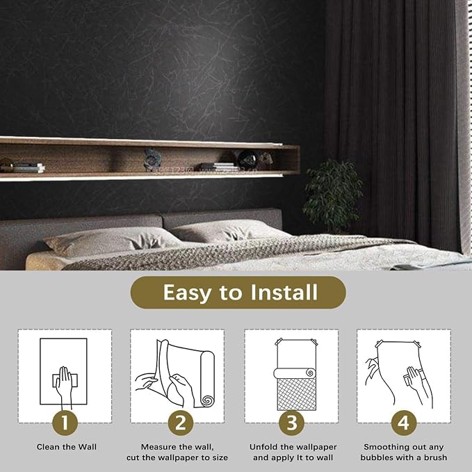 Black Silk Wallpaper Embossed Self Adhesive Peel and Stick Wallpaper Contact Paper Removable Waterproof Kitchen Vinyl Wrap Cabinet Furniture Textured Renter Friendly Wall Gift Paper 23.6" x 196.8"