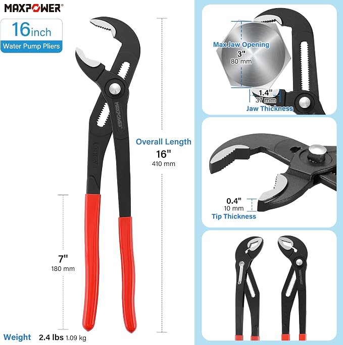 MAXPOWER 16-inch Water Pump Pliers, 3" Jaw Opening V Jaw Adjustable Pliers | Push Button Quick Release Tongue and Groove Pliers, Comfortable Grips