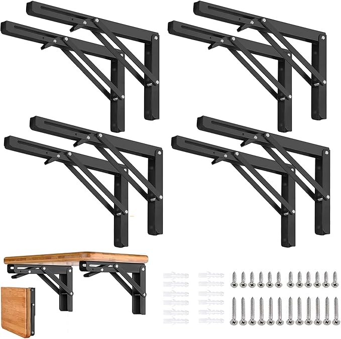 Folding Shelf Brackets - 8 Inch 8 Packs Heavy Duty Metal Collapsible Wall Mounted Bracket, Space Saving for Bench Table