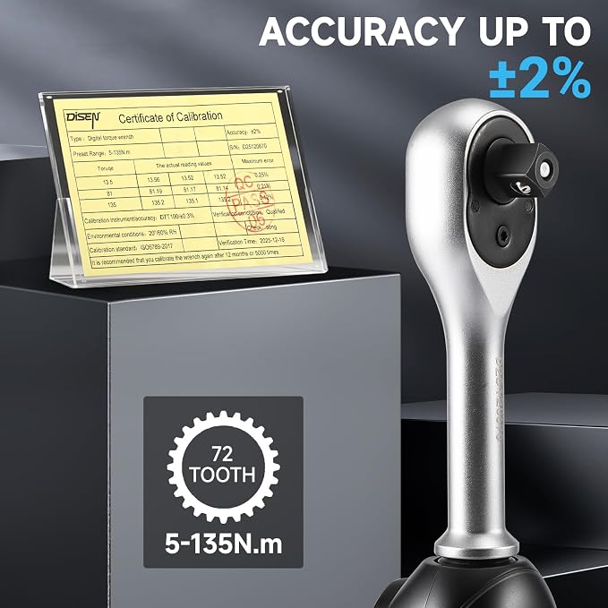DISEN 3/8" Digital Torque Wrench Set 5-135 N.m 8 Presets 500 Memory | 3.7-99.6 Ft.lb | ±2% accuracy | 8 presets & 500 data memory | Track/Peak modes | LED/buzzer | For auto, motorcycle, bike, DIY