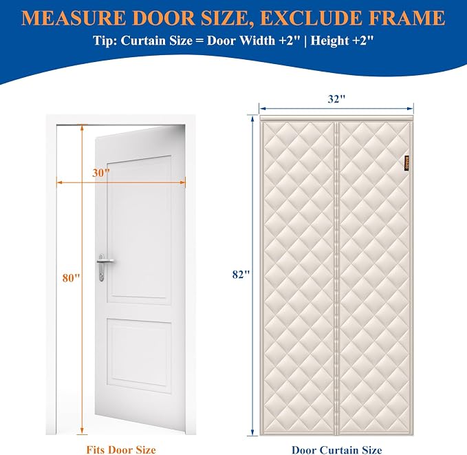 MAGZO Magnetic Insulated Door Curtain, Fits 30" x 80" Door, Beige | Curtain Size 32'' x 82'', Waterproof Oxford Filled with Cotton, RV Thermal Door Curtain/Cover/Insulation for Inside Camper