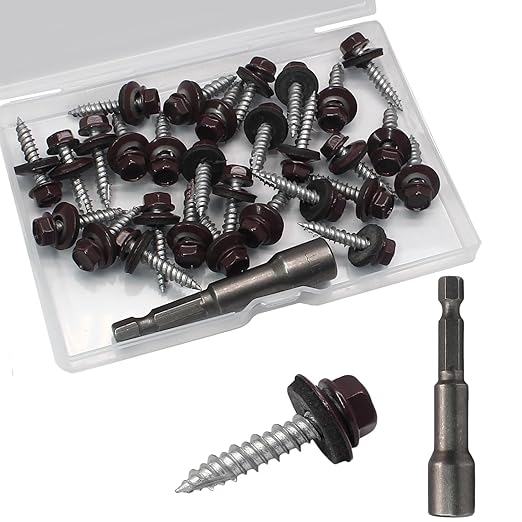 Biaungdo 30 Pack Metal Roofing Screws #10 × 1 Inch, Hex Head Sheet Roof Screws with EPDM Washers with 8mm Hex Socket, Self Starting Metal to Wood Siding Screws, Brown