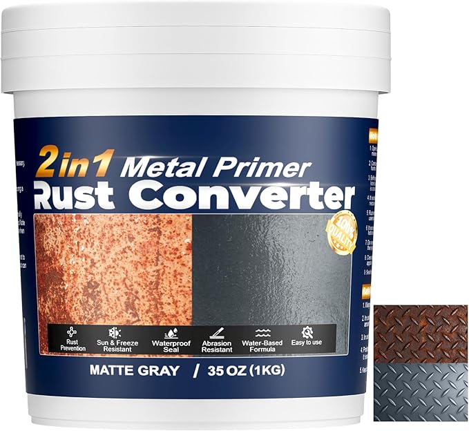 Gray Rust Converter for Metal, 2 in 1 Rust Converter and Metal Primer - Long-lasting Anti-Rust Coating for Interior and Outdoor Use on Iron Gates, Fences, Furniture Metal Protection, 35 oz