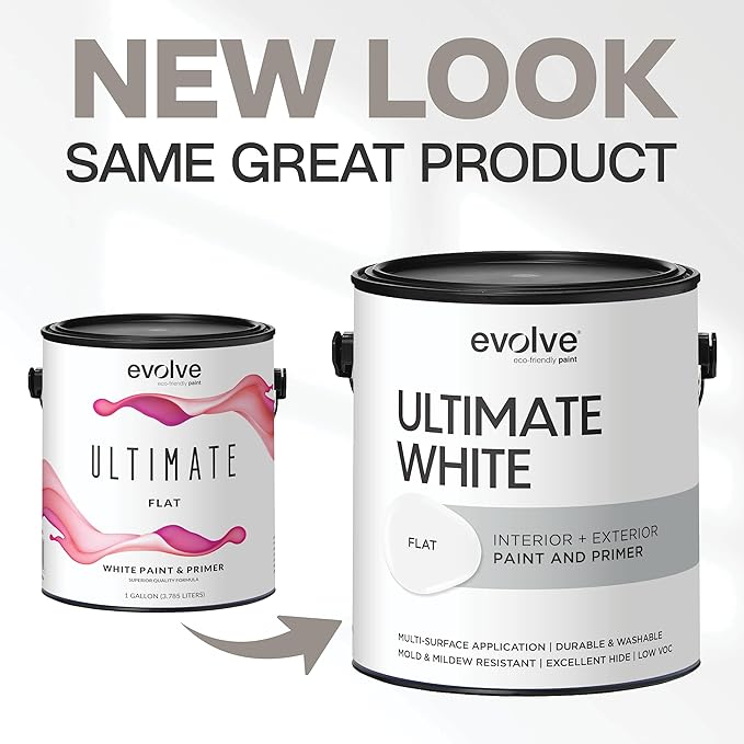 EVOLVE Ultimate White Paint & Primer in One, Flat White, 1 Gallon – Interior & Exterior, One-Coat Coverage, Excellent Hide, Low Odor, Low VOC, Washable Paint for Walls, Ceilings & Trim