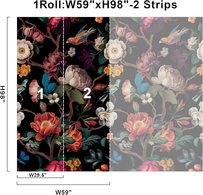 Zeeko Vintage Floral Wallpaper Peel and Stick Large Black Flower Wall Murals for Bedroom TV Background Wall Paintings Art Deco 98" H x 59" W