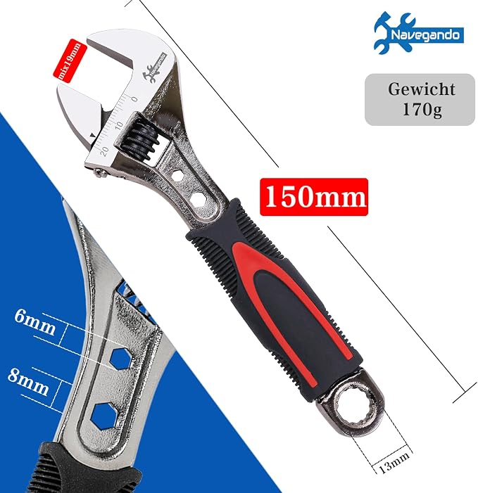 Navegando 6 Inch Adjustable Wrench (150mm), High Carbon Steel Wrench with Non-Slip Grip, 19mm Max Jaw Opening for Plumbing, Bicycle & Home Repair