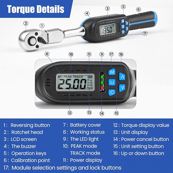 Digital Torque Wrench, 5-99.6 ft.lb/6.8-135 N.m | HVAC Torque Wrench with 42mm Jaw, 1/2 Drive Ratchet 3/8 Adapter ±2% Accuracy, Vibration Buzzer, LED Indicator for Split AC