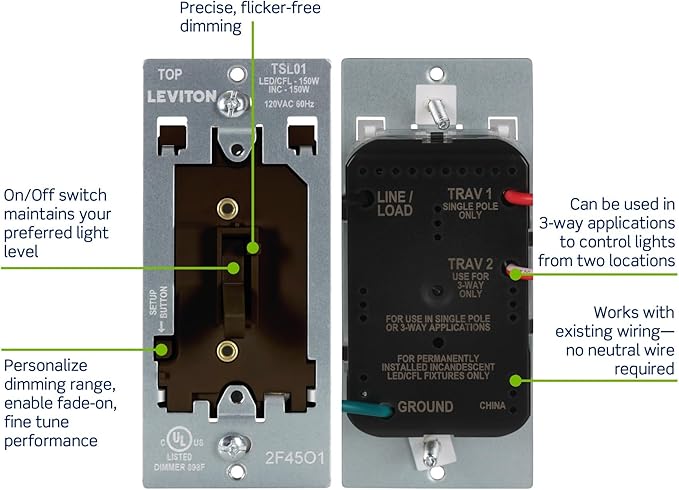 Leviton Toggle Slide LED Advanced Dimmer Switch for 150W Dimmable LED, Halogen and Incandescent Bulbs and Fixtures, TSL01-10B, Brown