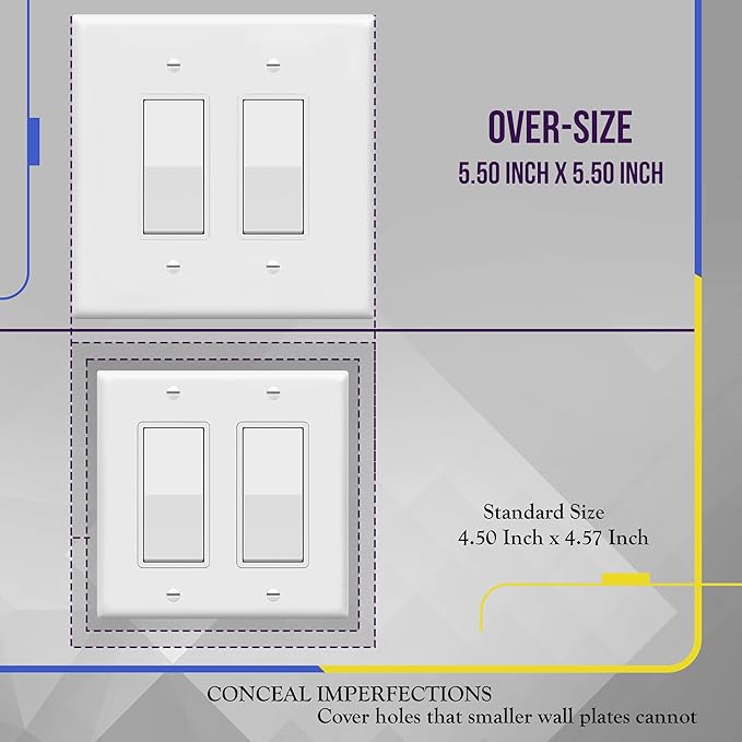 ENERLITES Double Decorator Switch Cover, Two Outlet Wall Plate, Oversized 2-Gang 5.50" x 5.50", Unbreakable Polycarbonate Thermoplastic, UL Listed, 8832O-W, White