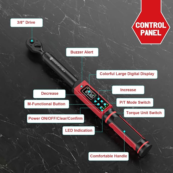 3/8" Digital Torque Wrench, 1.5-99.6Ft.Lb, for Cars, Moto, Bikes | ±1% Accuracy, 2-135Nm Electronic Torque Wrench, Vibration/Buzzer/LED, 9 Presets & 5 Units, Spark Plugs, Engine & Suspension