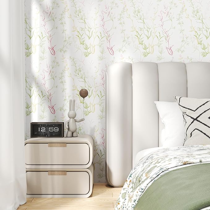 Timeet Floral Wallpaper Peel and Stick Botanical Wildflower Self Adhesive Wall Paper Removable Plant Vine Contact Paper for Living Room Bedroom Accent Decor 17.3" x 120"