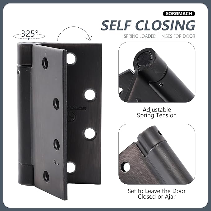 Self Closing Door Hinges 3 Pieces 4-1/2 Inch Oil Rubbed Bronze Auto Close Hinge Adjustable Spring Hinges Square Corner Commercial Door Closer Hinge Iron