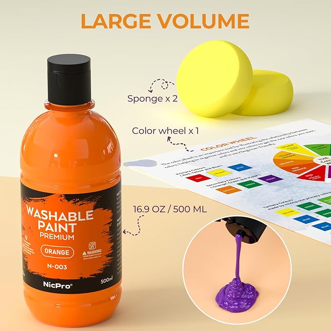 Nicpro 12 Colors Large Washable Paint Set for Kid (16.9oz), Acrylic Bulk Paint Supplies Non Toxic Tempera Paint for Art, Craft DIY, Poster & Finger Paint, School, Home, Teacher Classroom Must Haves